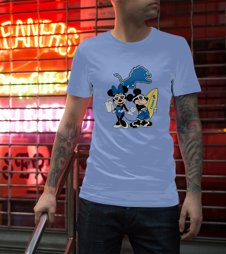 Lions Mickey And Minnie Happy Vacation With Surfboard And Drink T-Shirt