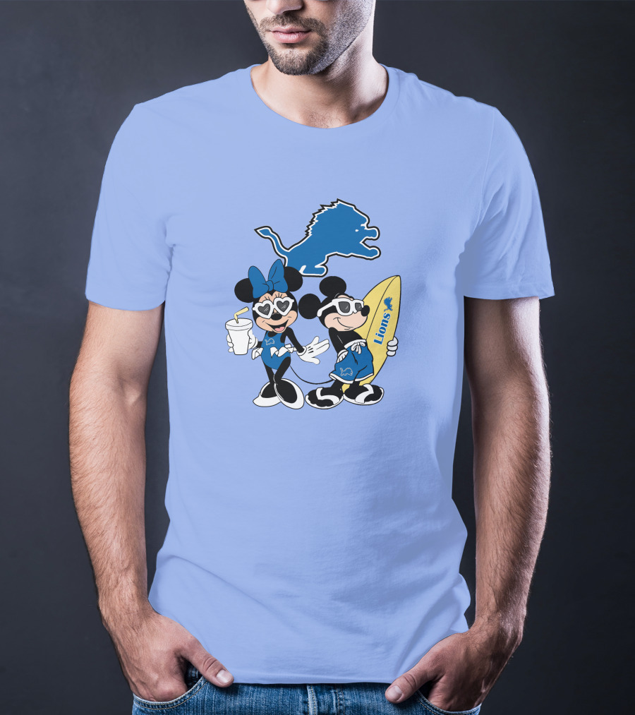 Lions Mickey And Minnie Happy Vacation With Surfboard And Drink T-Shirt