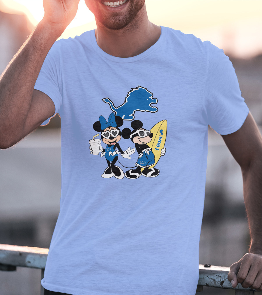 Lions Mickey And Minnie Happy Vacation With Surfboard And Drink T-Shirt