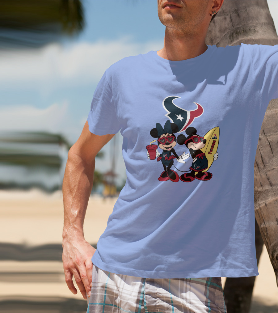 Texans Mickey And Minnie Happy Vacation Surfboard And Drink T-Shirt