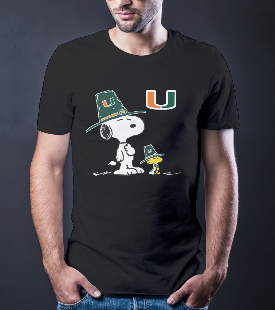 Miami Hurricanes Snoopy Woodstock Pilgrim Hats University T-Shirt