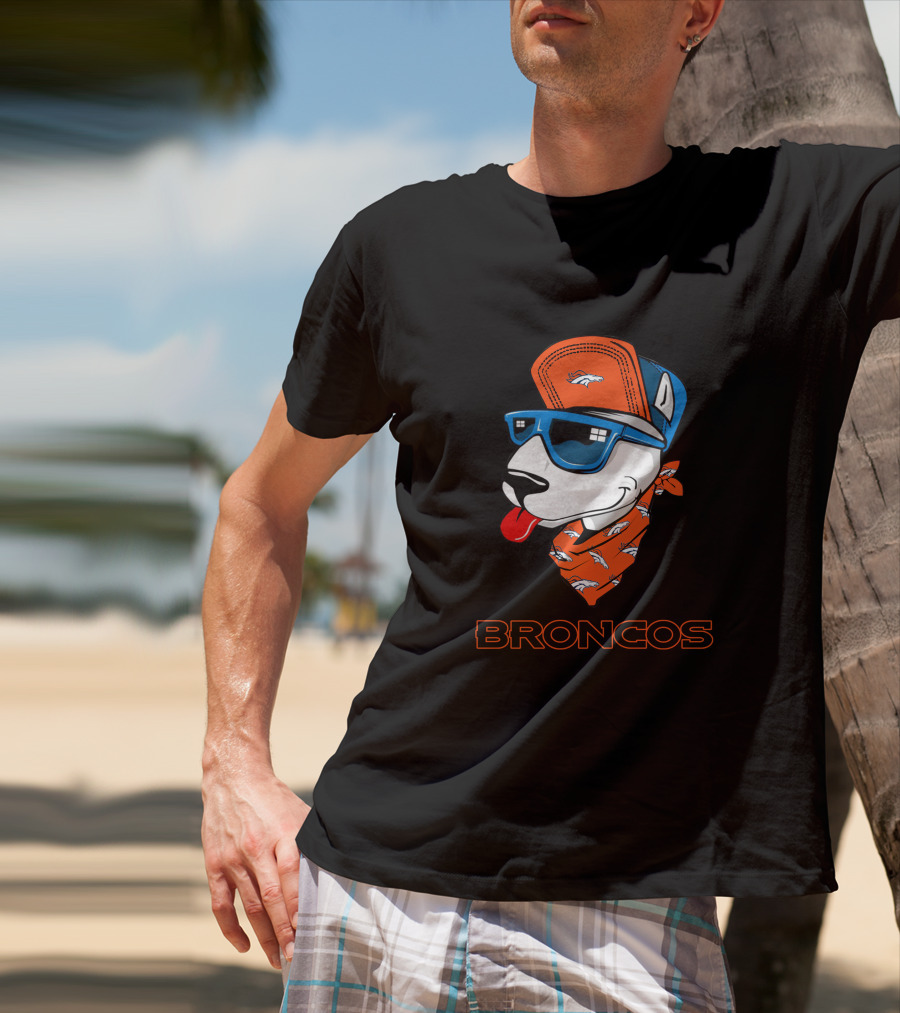 Broncos Bull Terrier With Hat Sunglasses And Bandana T-Shirt