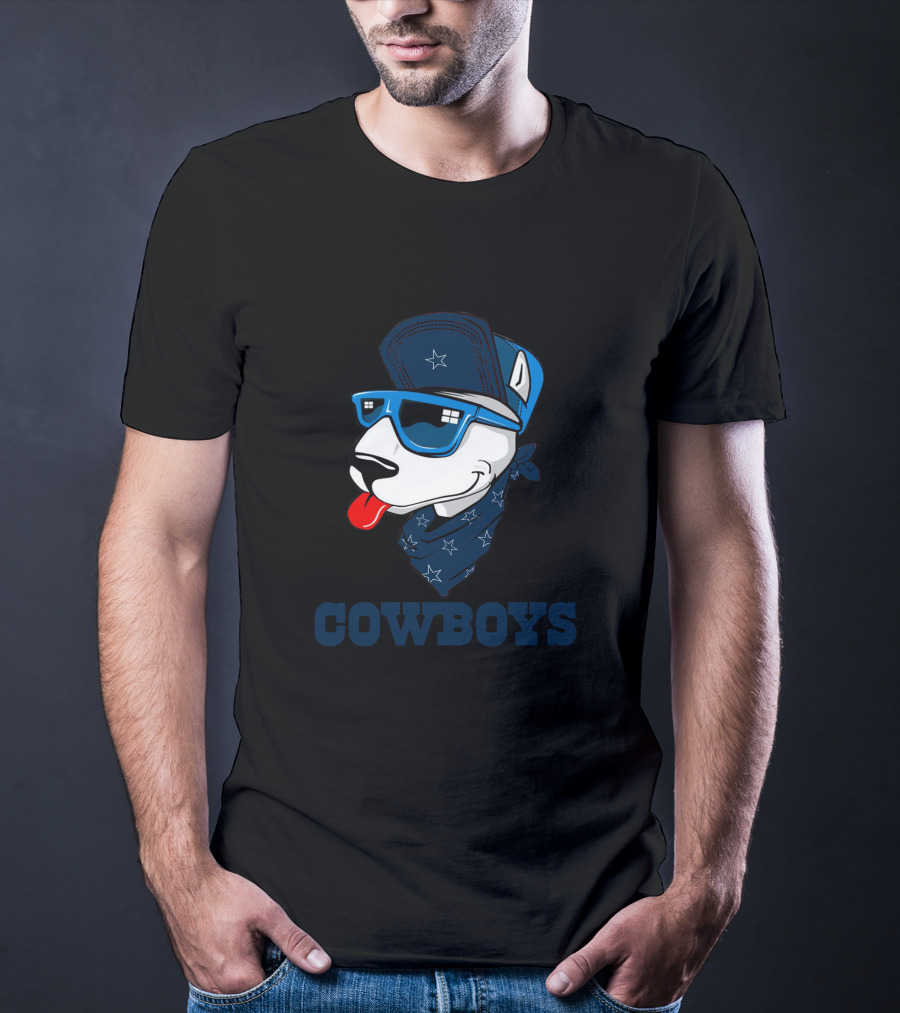 Cowboys Bull Terrier In Blue Sunglasses And Bandana T-Shirt