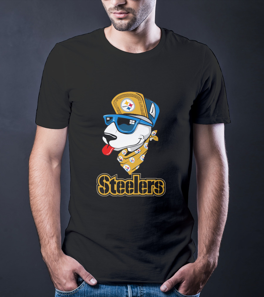 Steelers Bull Terrier Wearing Cap And Sunglasses With Logo Bandana T-Shirt