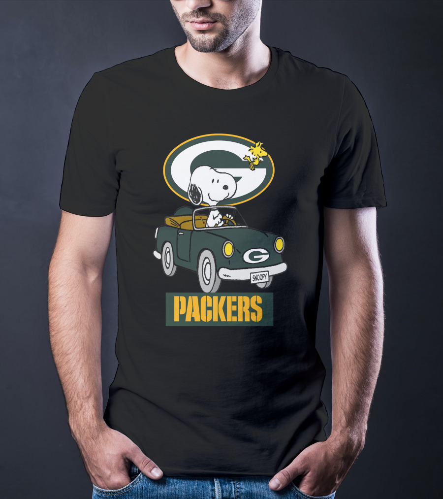 Packers Snoopy Driving Car With Woodstock And Packers T-Shirt
