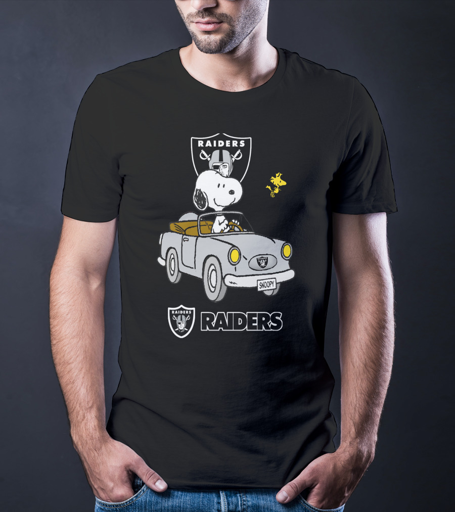 Raiders Snoopy Driving Cartoon With Woodstock And NFL T-Shirt