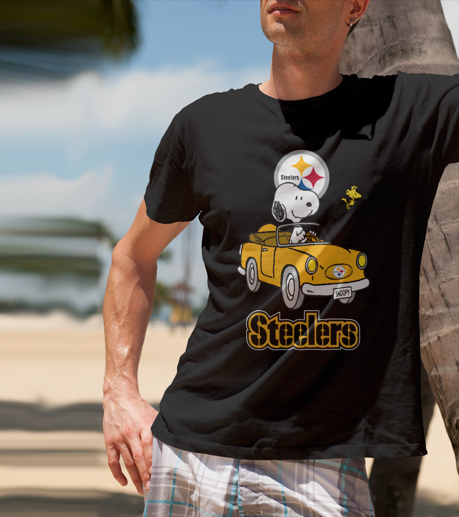Steelers Snoopy Driving With Woodstock In Yellow Car T-Shirt