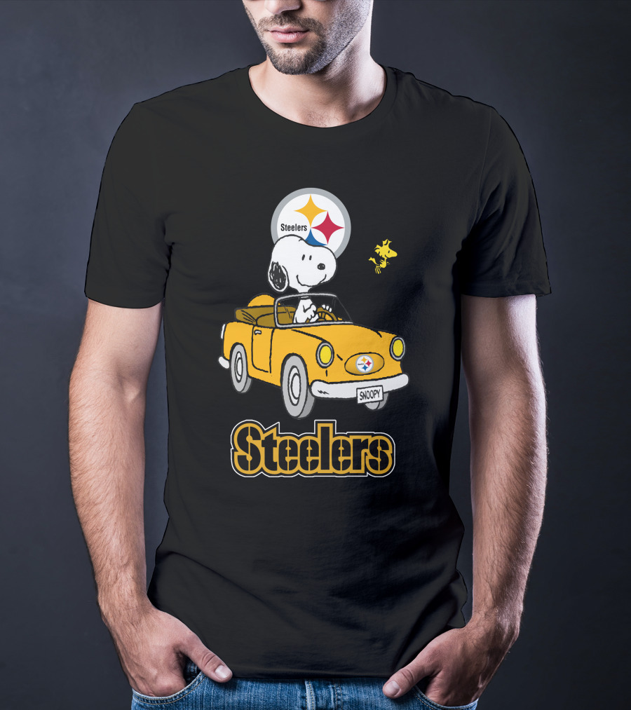 Steelers Snoopy Driving With Woodstock In Yellow Car T-Shirt