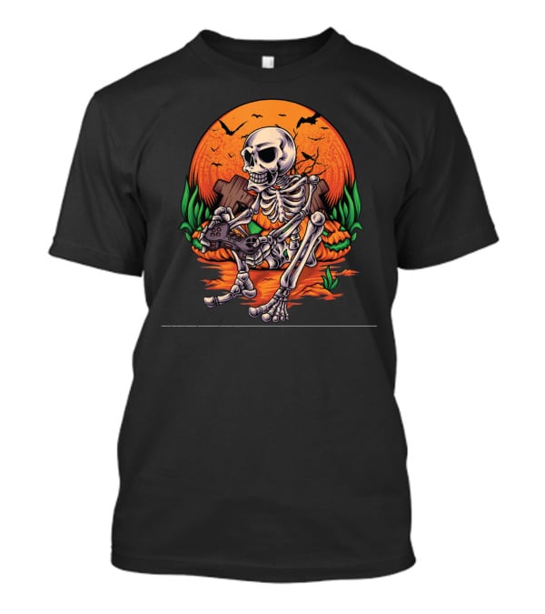 Skeleton Gamer Halloween Pumpkin Bat Gaming Controller Scene T-Shirt