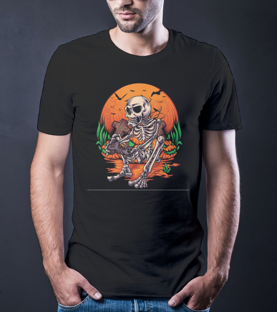 Skeleton Gamer Halloween Pumpkin Bat Gaming Controller Scene T-Shirt