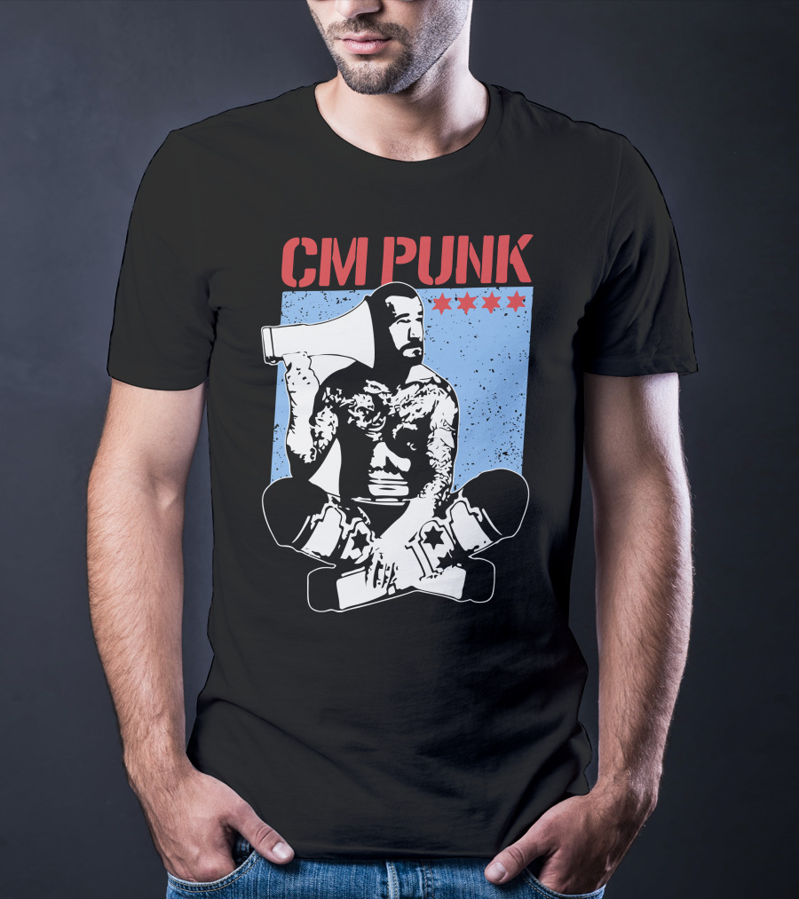 CM Punk AEW All Elite Wrestling Megaphone Graphic With Red Stars T-Shirt