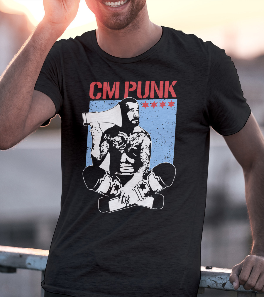 CM Punk AEW All Elite Wrestling Megaphone Graphic With Red Stars T-Shirt