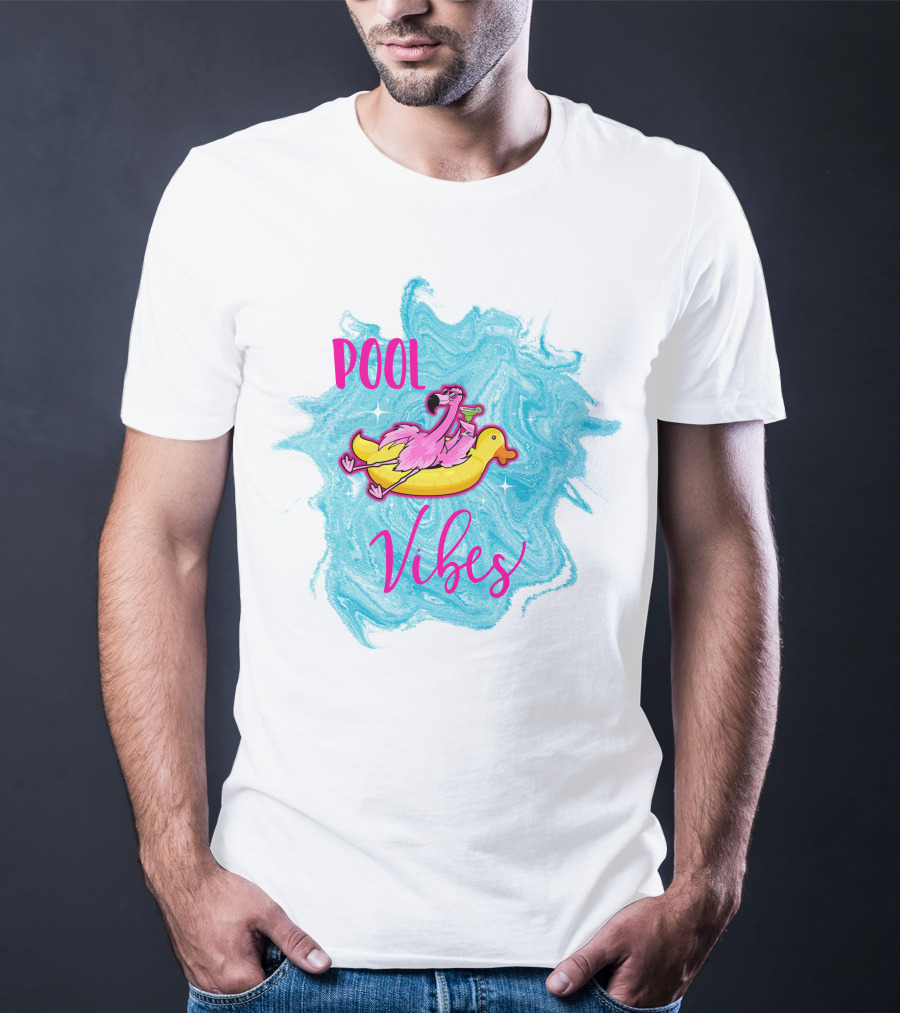 Pool Vibes Flamingo On Inflatable Duck With Blue Swirl Background T-Shirt