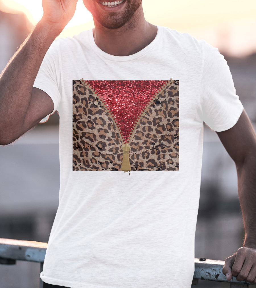 Red Faux Glitter Leopard Zipper Tumbler T-Shirt
