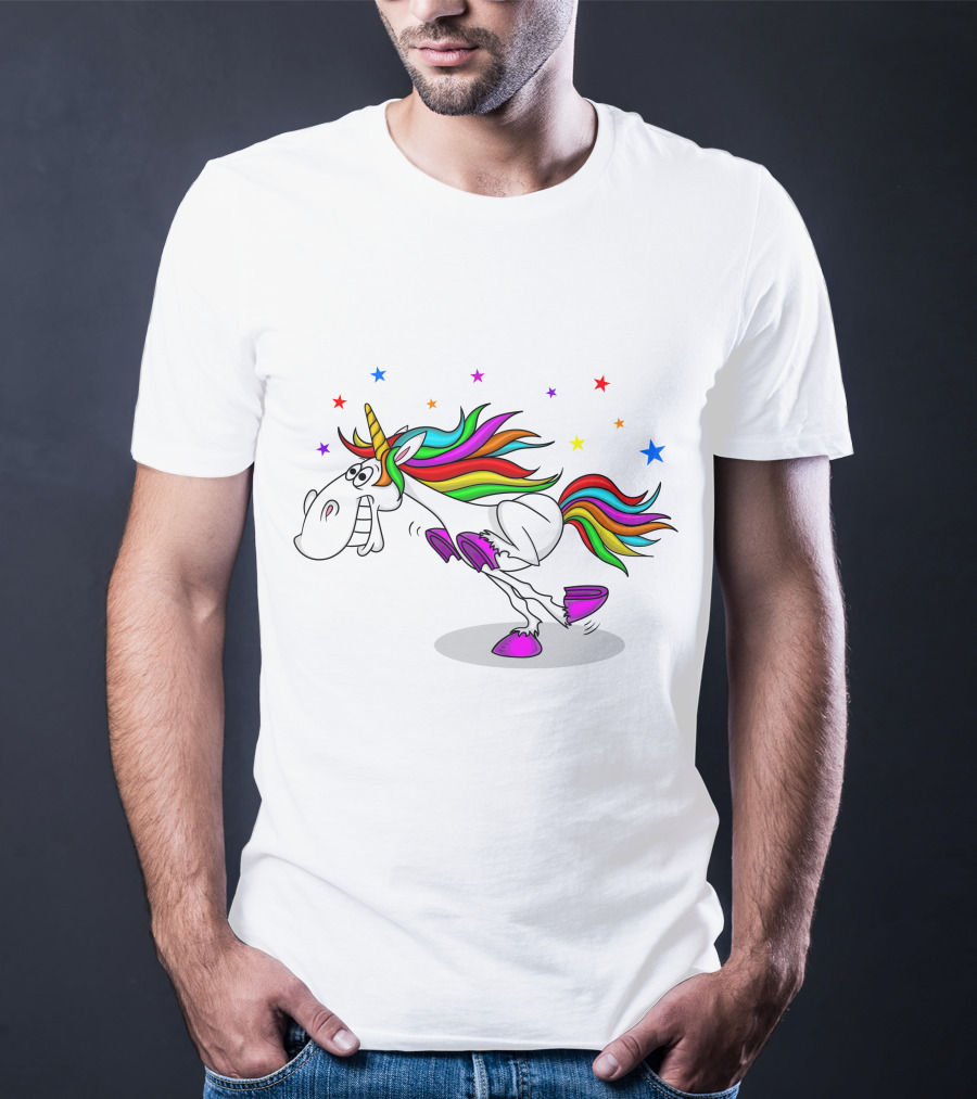 Awesome Unicorn Twinkles Rainbow Kicking Fun Stars Vibrant Mane T-Shirt