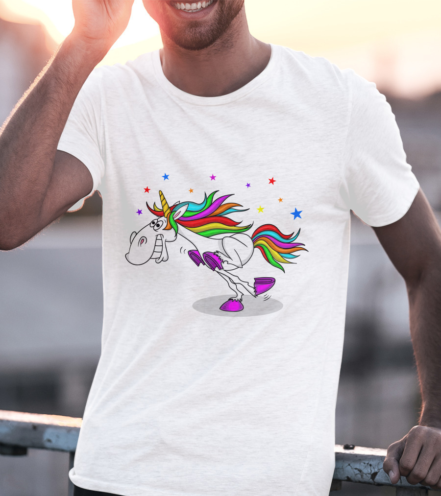 Awesome Unicorn Twinkles Rainbow Kicking Fun Stars Vibrant Mane T-Shirt