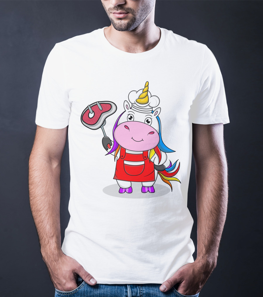 Barbecue Unicorn Chef With Rainbow Mane And Grilled Steak T-Shirt