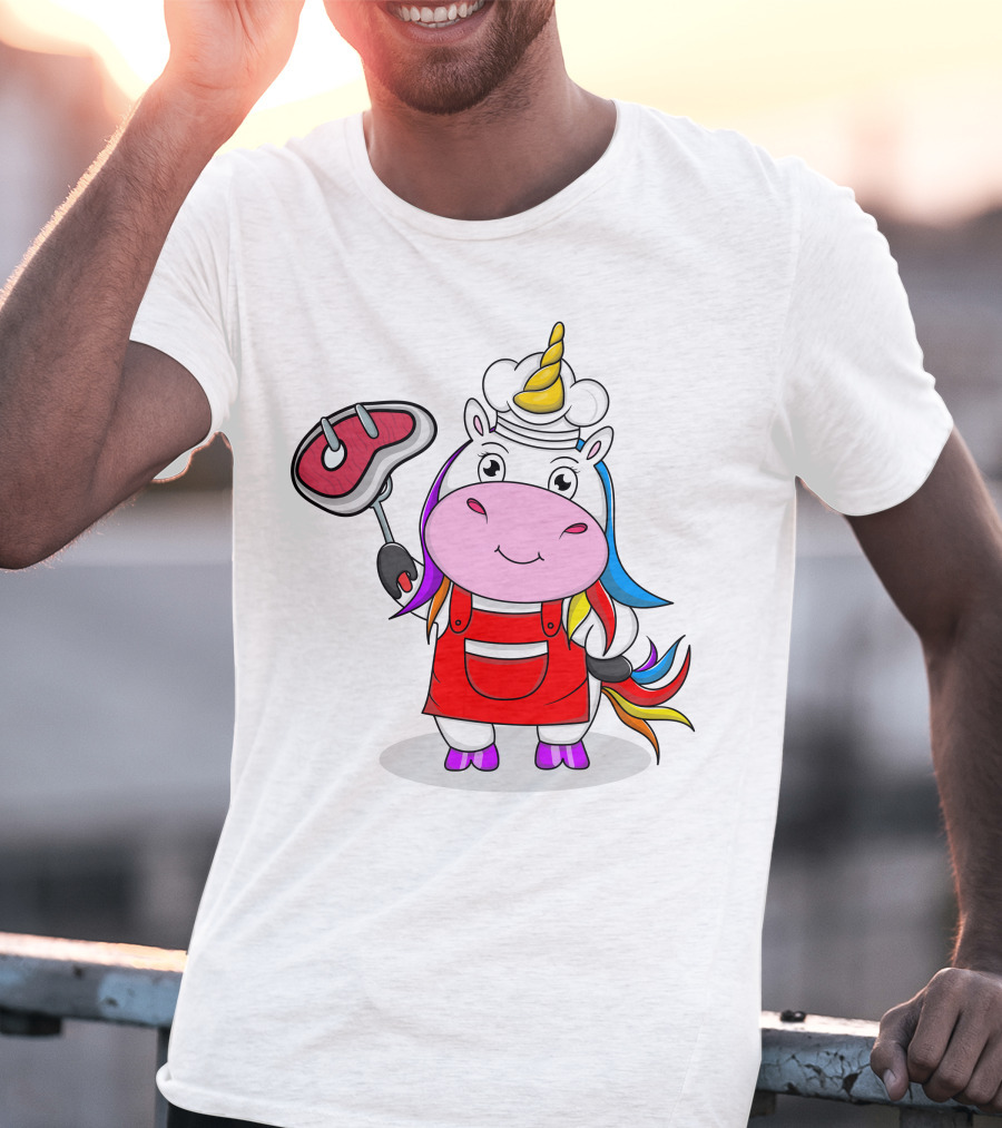 Barbecue Unicorn Chef With Rainbow Mane And Grilled Steak T-Shirt