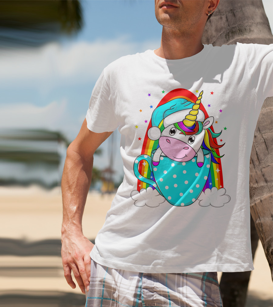 Christmas Unicorn In Cup Rainbow Santa Hat Stars T-Shirt