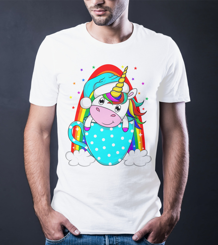 Christmas Unicorn In Cup Rainbow Santa Hat Stars T-Shirt