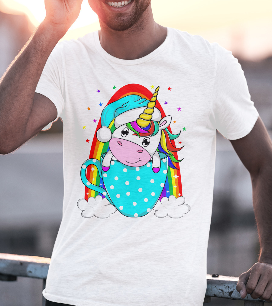 Christmas Unicorn In Cup Rainbow Santa Hat Stars T-Shirt