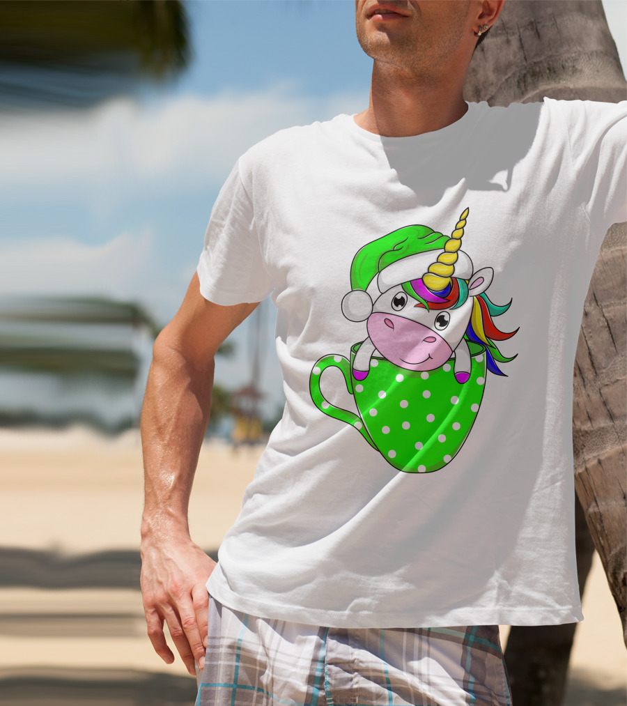 Funny Christmas Unicorn In Santa Hat With Green Polka Dot Cup T-Shirt