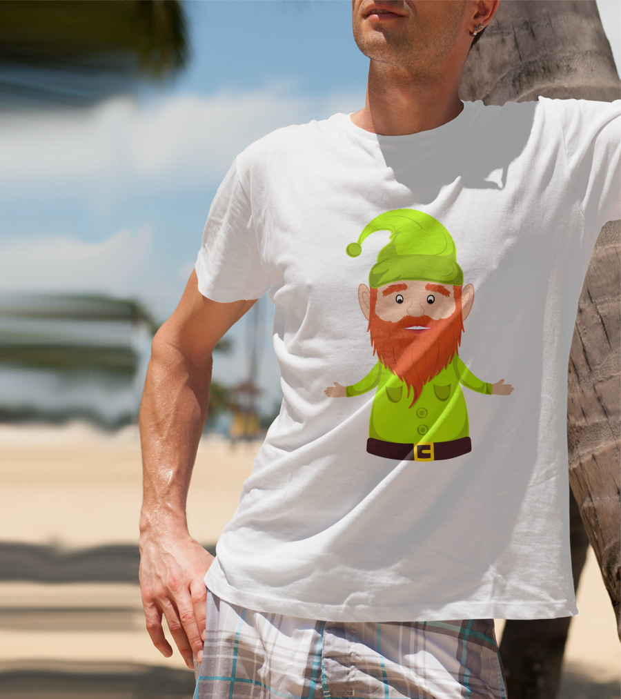 Gnome ELF Christmas Bright Green Hat Brown Belt Red Beard T-Shirt