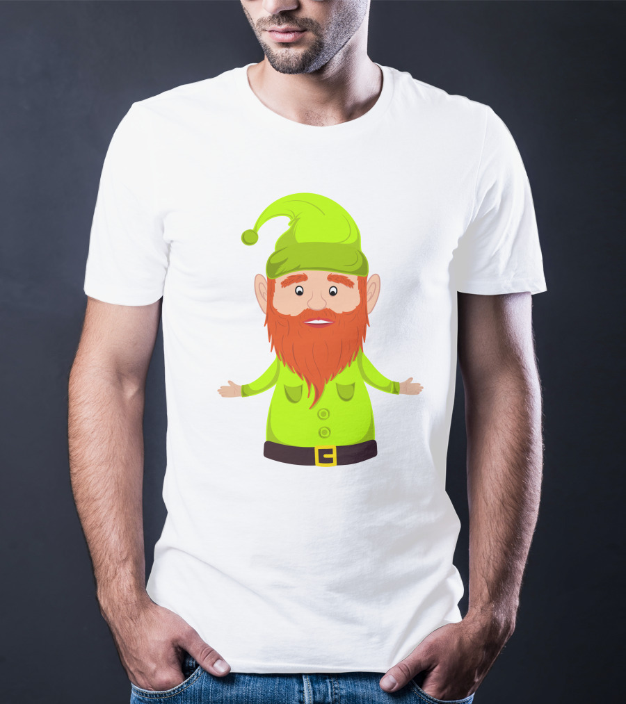 Gnome ELF Christmas Bright Green Hat Brown Belt Red Beard T-Shirt