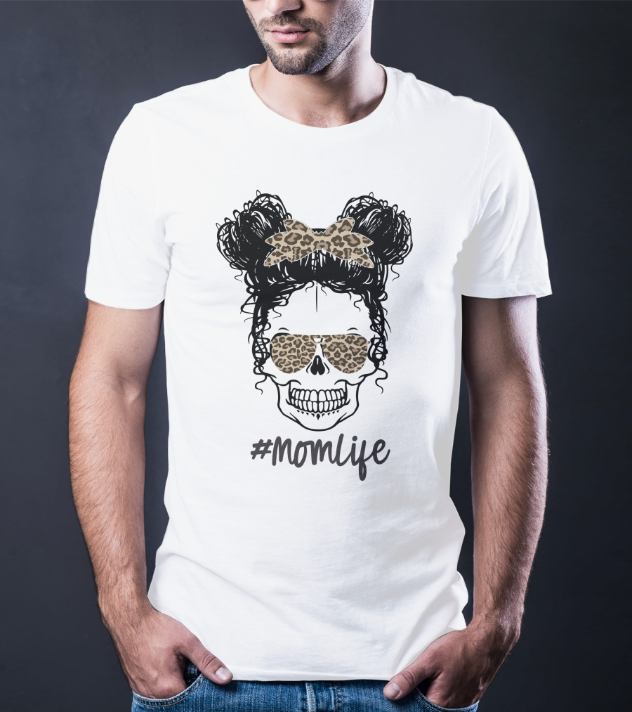 MomLife Messy Bun Skull Leopard Bow Sunglasses T-Shirt