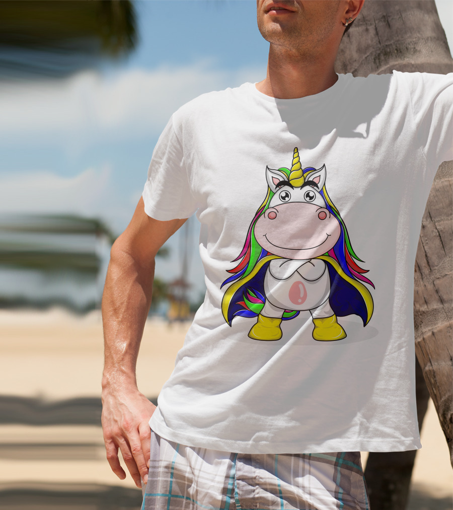 Superhero Unicorn With Rainbow Cape And Yellow Boots T-Shirt