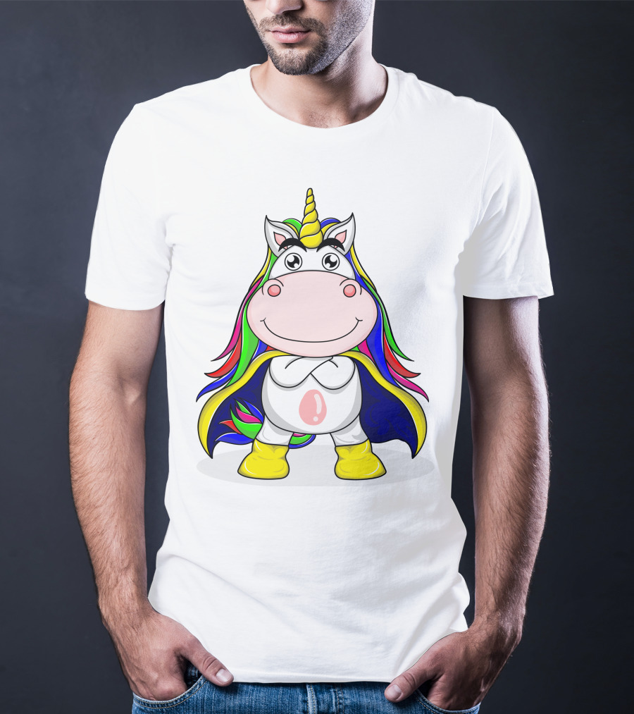 Superhero Unicorn With Rainbow Cape And Yellow Boots T-Shirt