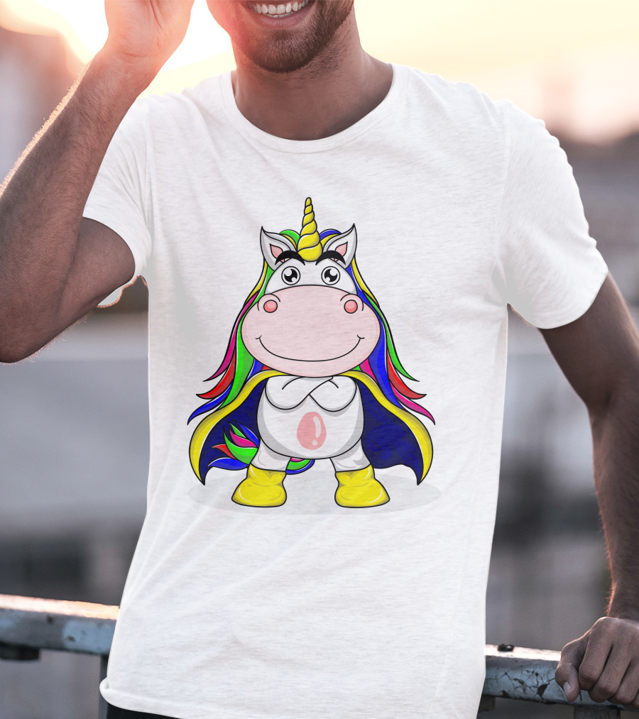 Superhero Unicorn With Rainbow Cape And Yellow Boots T-Shirt