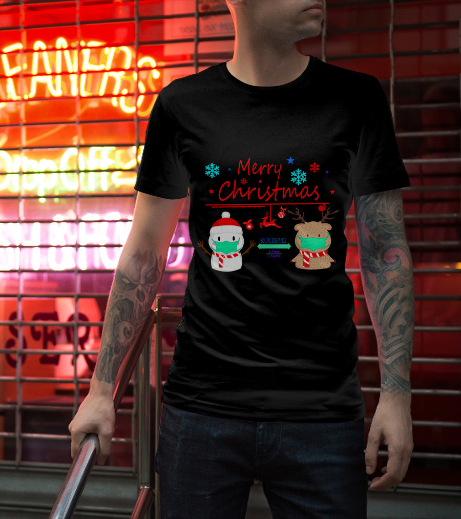 Merry Christmas Social Distance Snowman And Reindeer With Masks T-Shirt