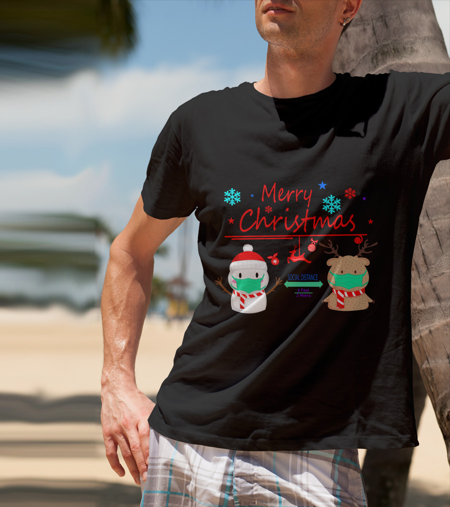 Merry Christmas Social Distance Snowman And Reindeer With Masks T-Shirt