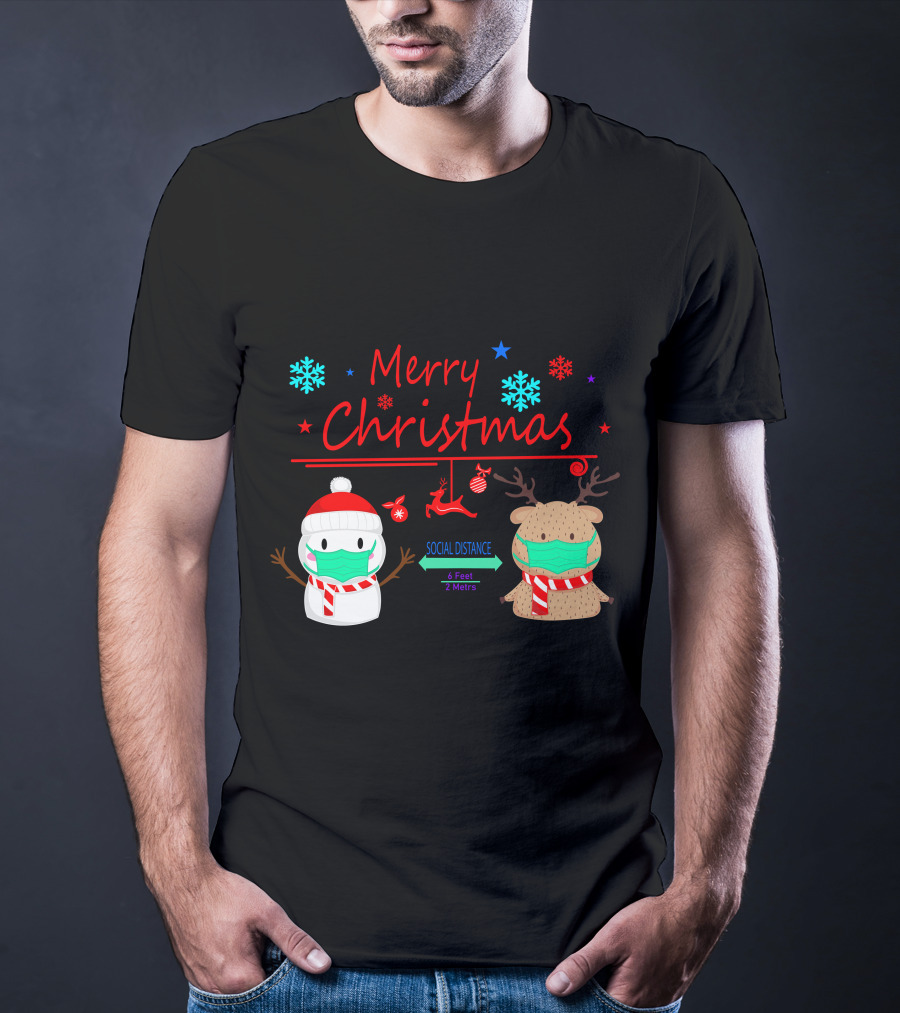 Merry Christmas Social Distance Snowman And Reindeer With Masks T-Shirt