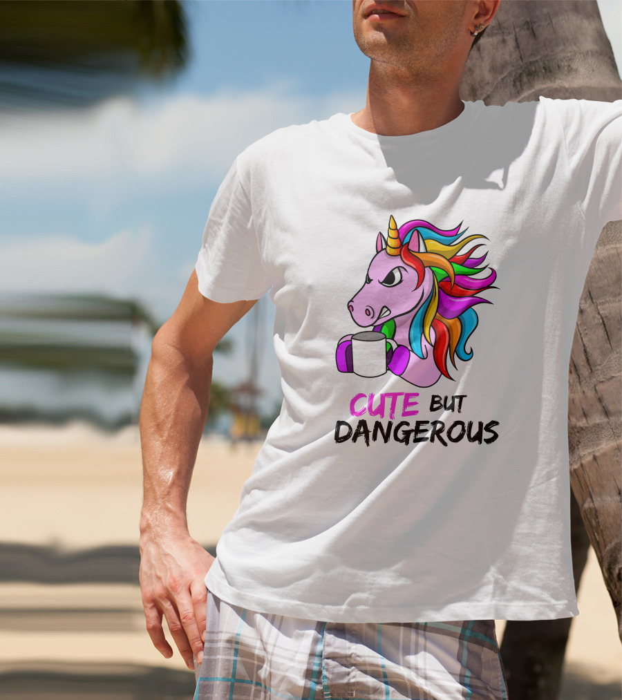 Cute But Dangerous Pink Unicorn With Rainbow Mane And Coffee Mug T-Shirt