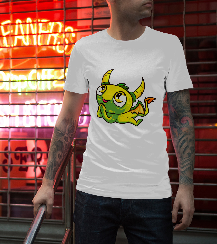 Cute Dragon Wishing Adorable Green And Yellow Horned Fantasy Character T-Shirt