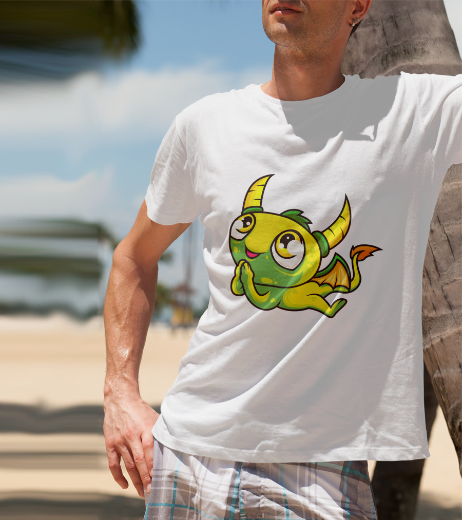 Cute Dragon Wishing Adorable Green And Yellow Horned Fantasy Character T-Shirt