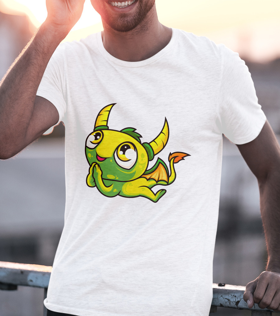 Cute Dragon Wishing Adorable Green And Yellow Horned Fantasy Character T-Shirt