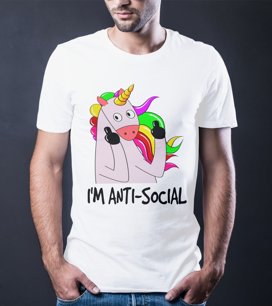 I'm Anti-Social Unicorn Colorful Rainbow Mane Black Gloves T-Shirt