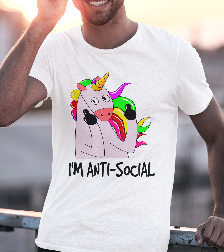 I'm Anti-Social Unicorn Colorful Rainbow Mane Black Gloves T-Shirt