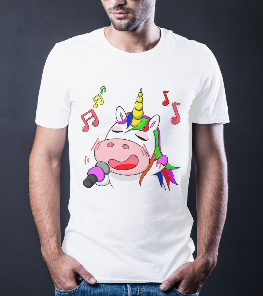 Unicorn Singing With Colorful Microphone And Musical Notes T-Shirt