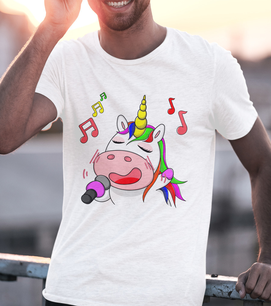 Unicorn Singing With Colorful Microphone And Musical Notes T-Shirt