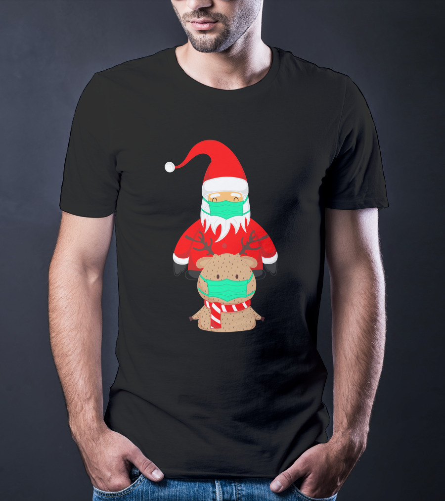 Santa Claus And Reindeer Wearing Masks T-Shirt