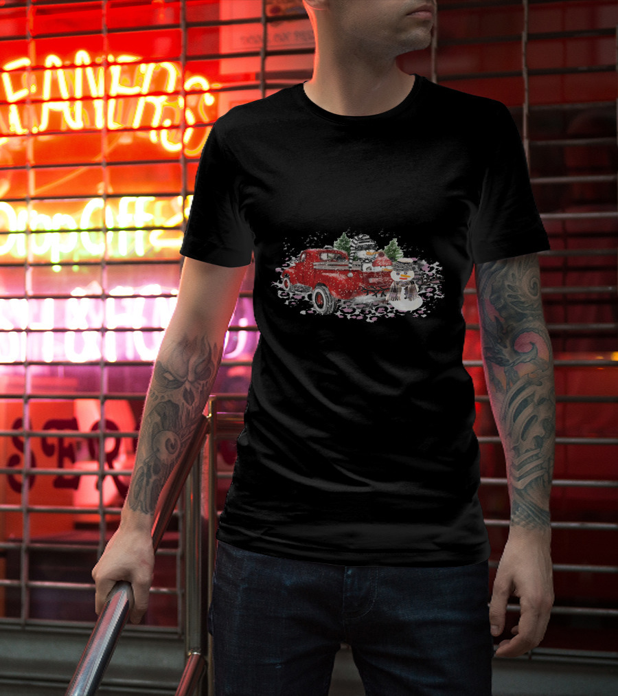 Christmas Snowman Truck Red Watercolor Snow Scene T-Shirt