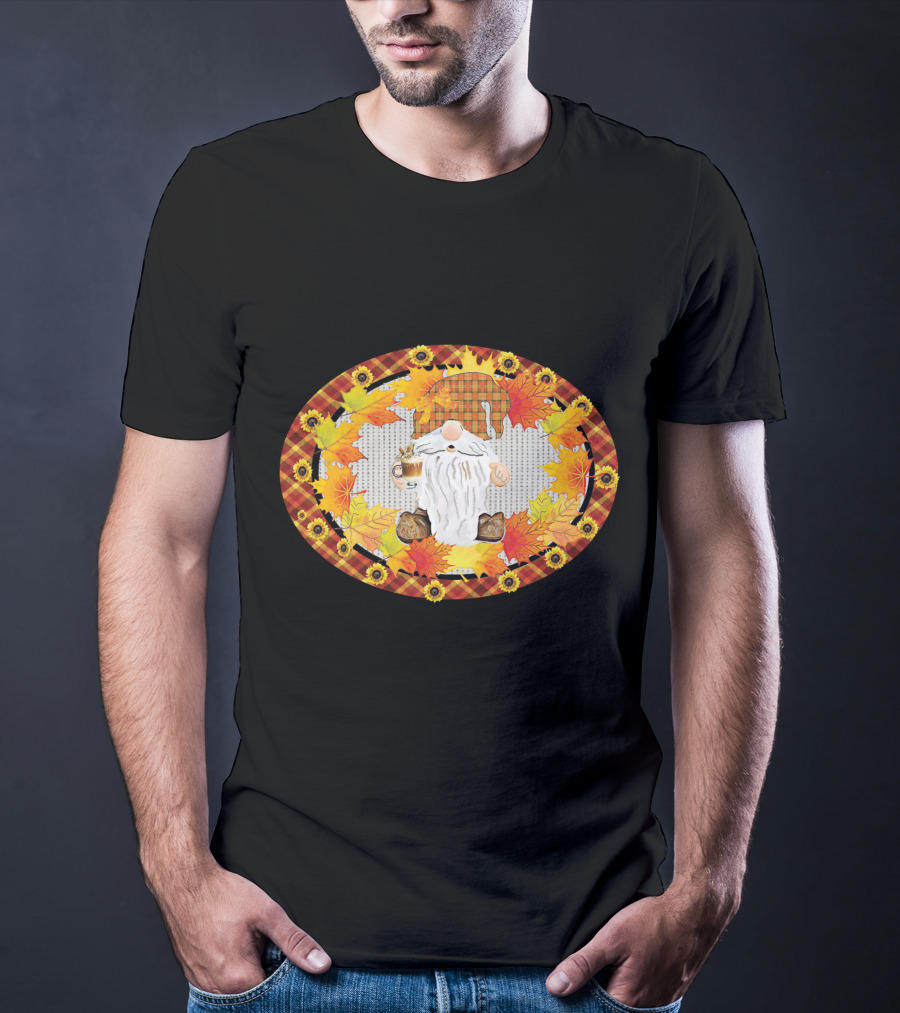 Fall Gnome With Coffee Mug Surrounded By Autumn Leaves And Sunflowers T-Shirt
