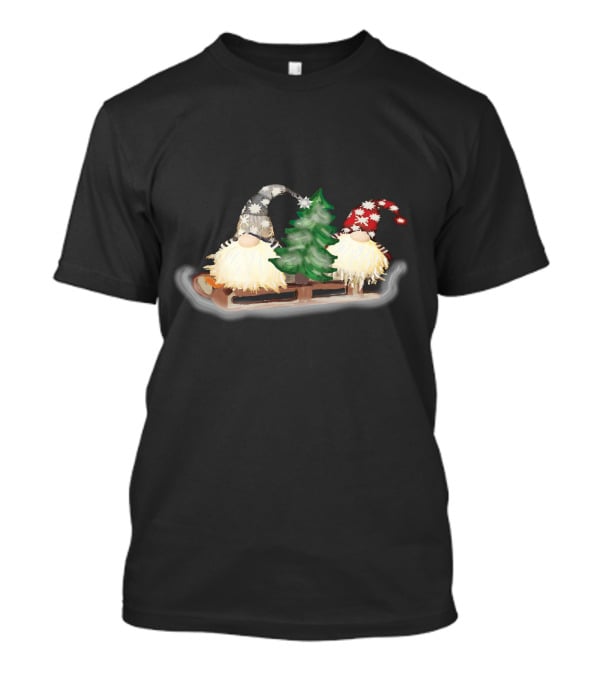 Gnomes On Sleigh With Christmas Tree And Snowflake Hats T-Shirt