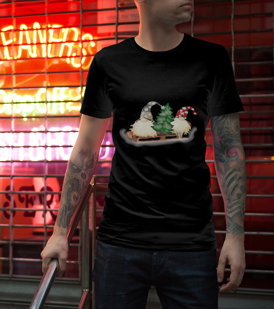 Gnomes On Sleigh With Christmas Tree And Snowflake Hats T-Shirt