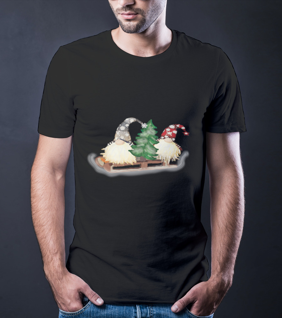 Gnomes On Sleigh With Christmas Tree And Snowflake Hats T-Shirt