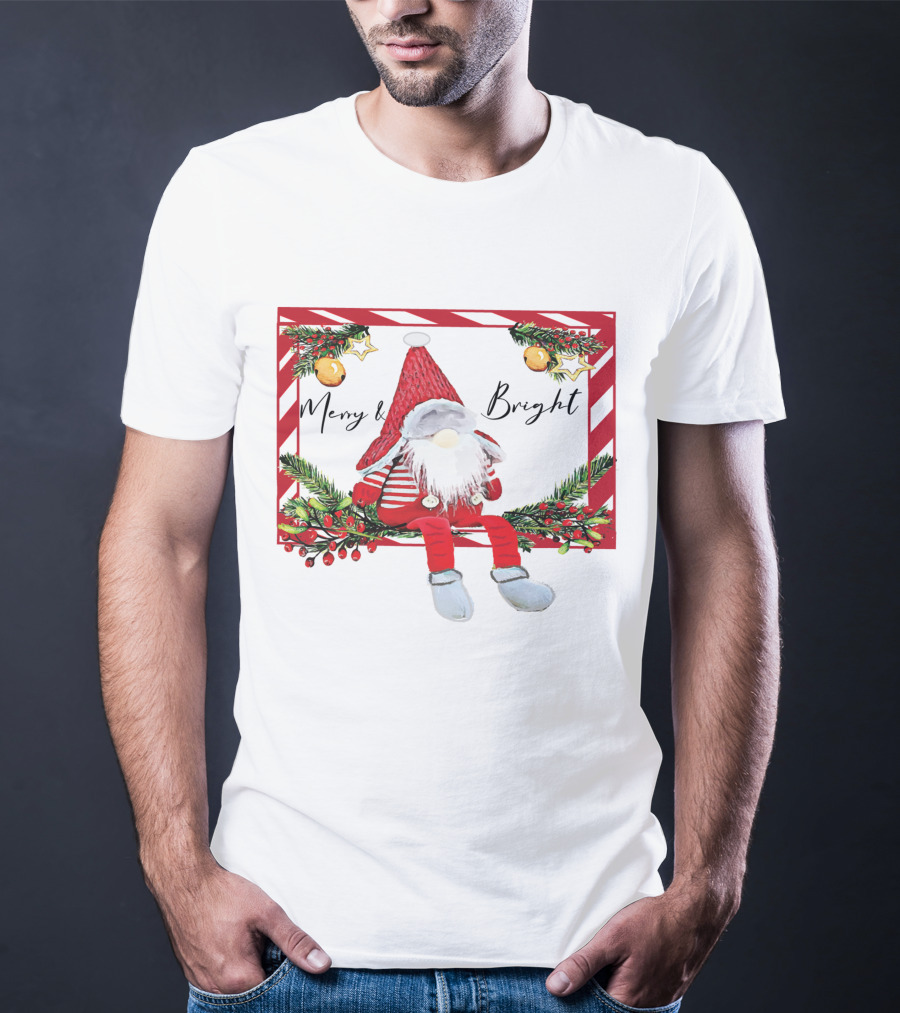 Merry And Bright Gnome Candy Cane Christmas Holiday T-Shirt